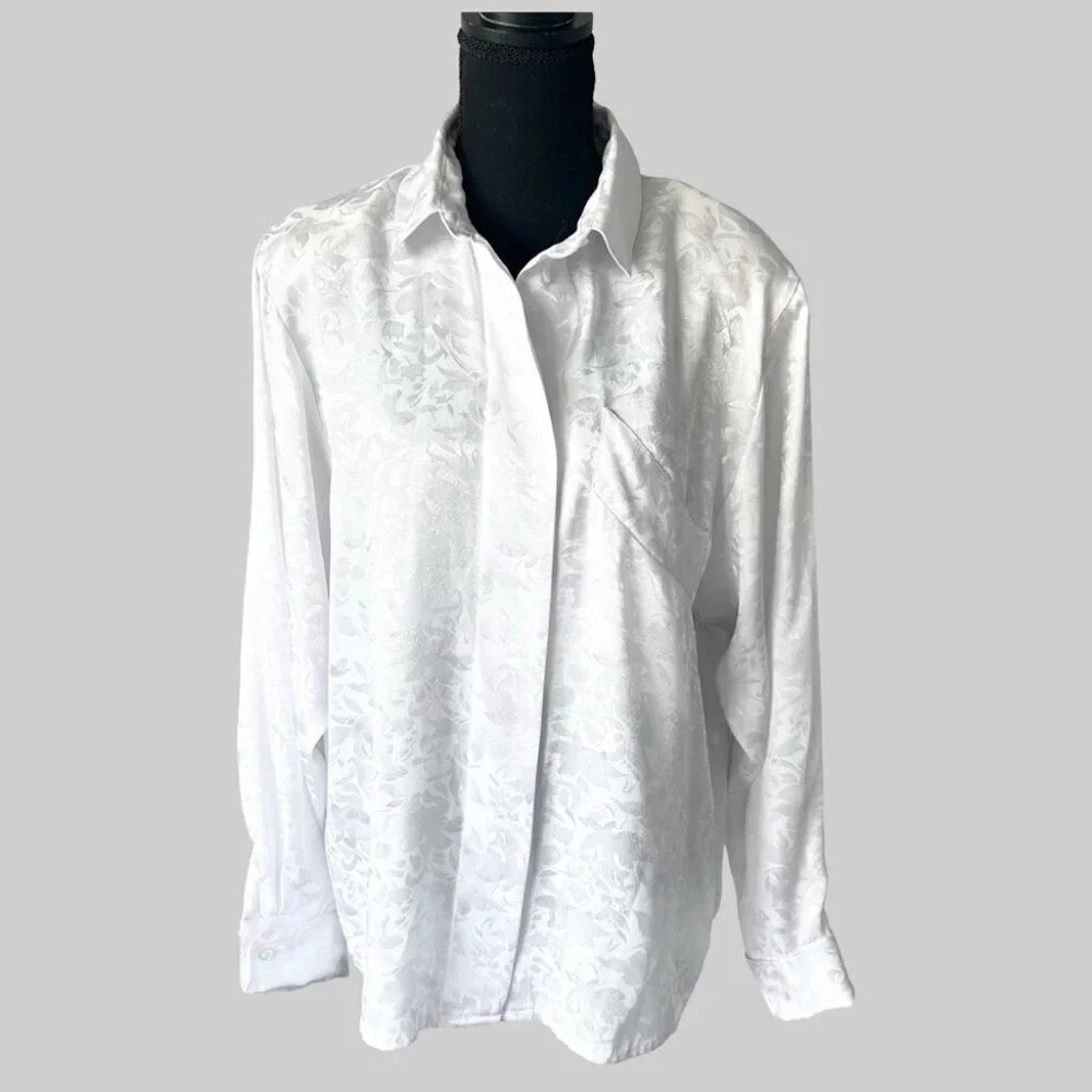 Vintage Kara White  Printed Satin Button Down Shirt